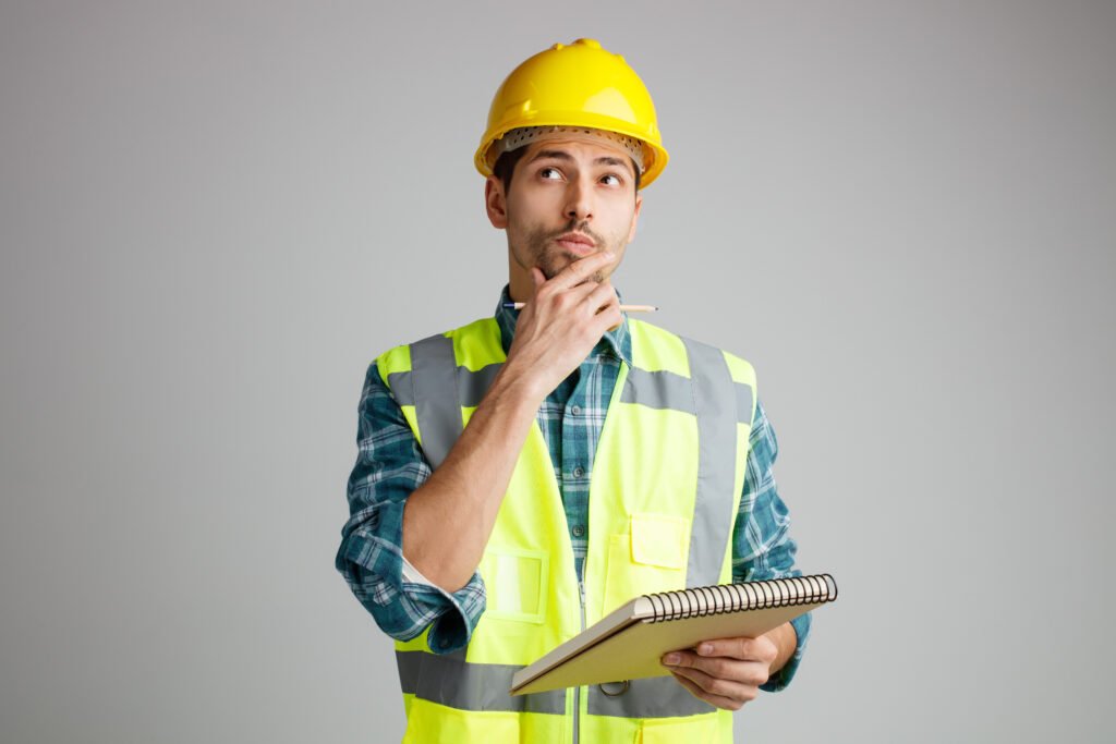 unsure young male engineer wearing safety helmet and uniform holding note pad and pencil keeping hand on chin looking up isolated on white background